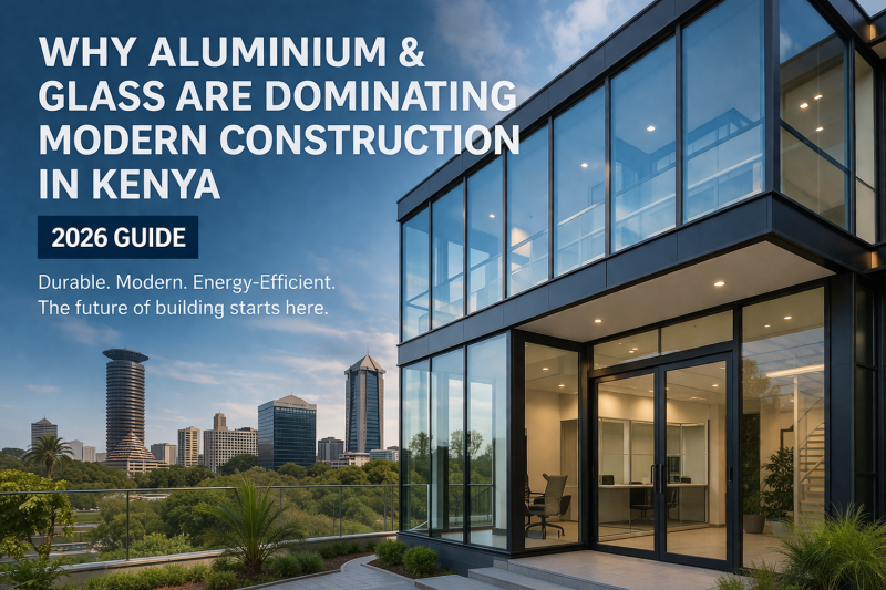 Modern building in Kenya featuring aluminium frames and large glass panels showcasing contemporary architecture design.