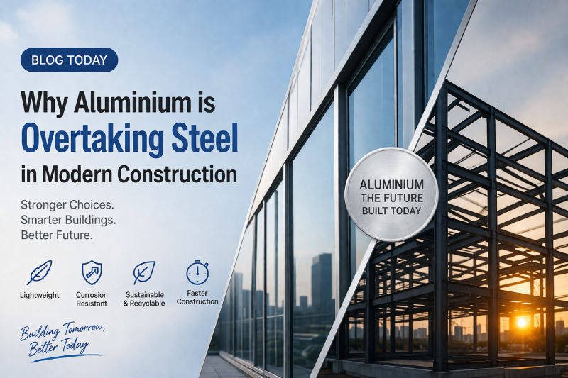 Modern construction banner showing aluminium structural profiles replacing steel, with a city skyline background highlighting why aluminium is overtaking steel in construction.