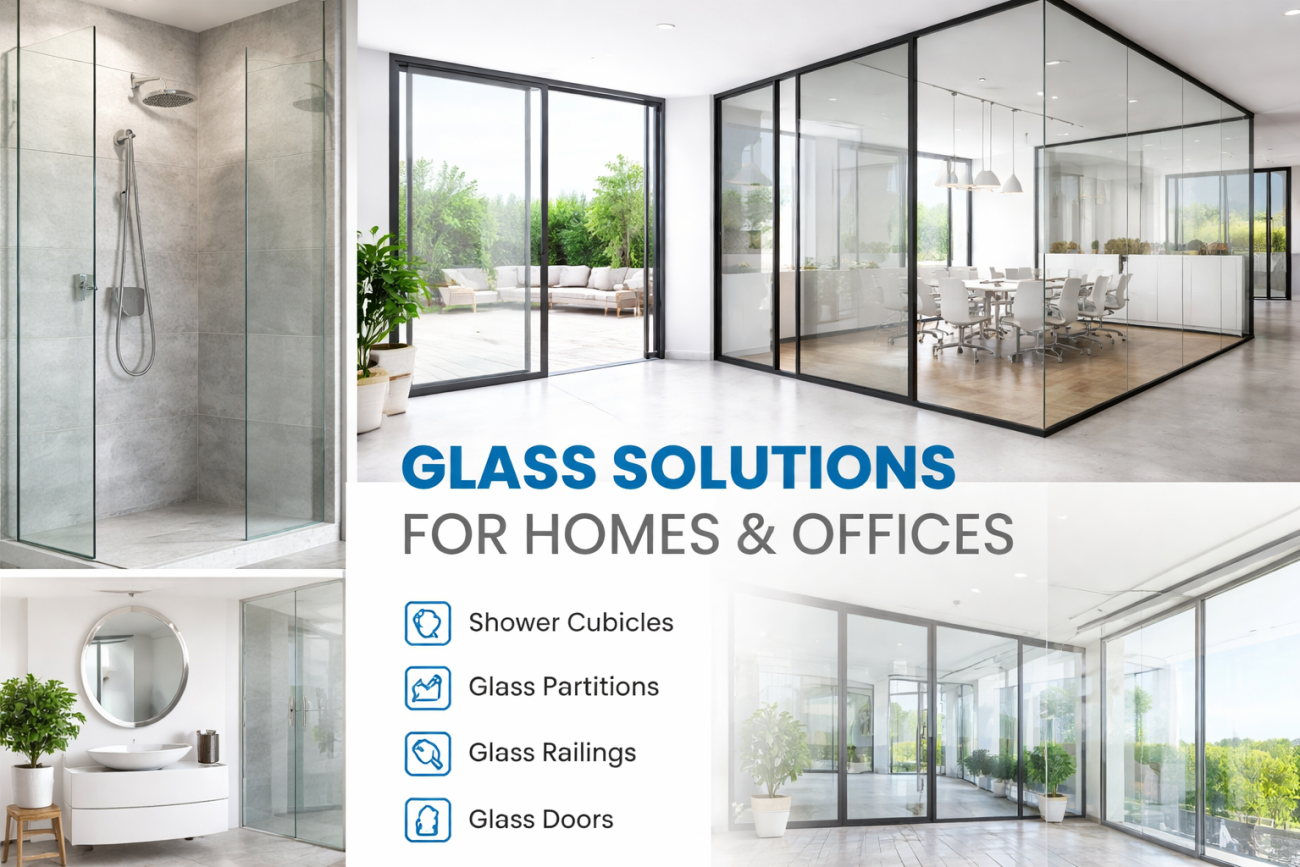 Modern interior featuring glass shower cubicle, sliding glass doors, and office glass partitions creating a bright and spacious home and workspace.